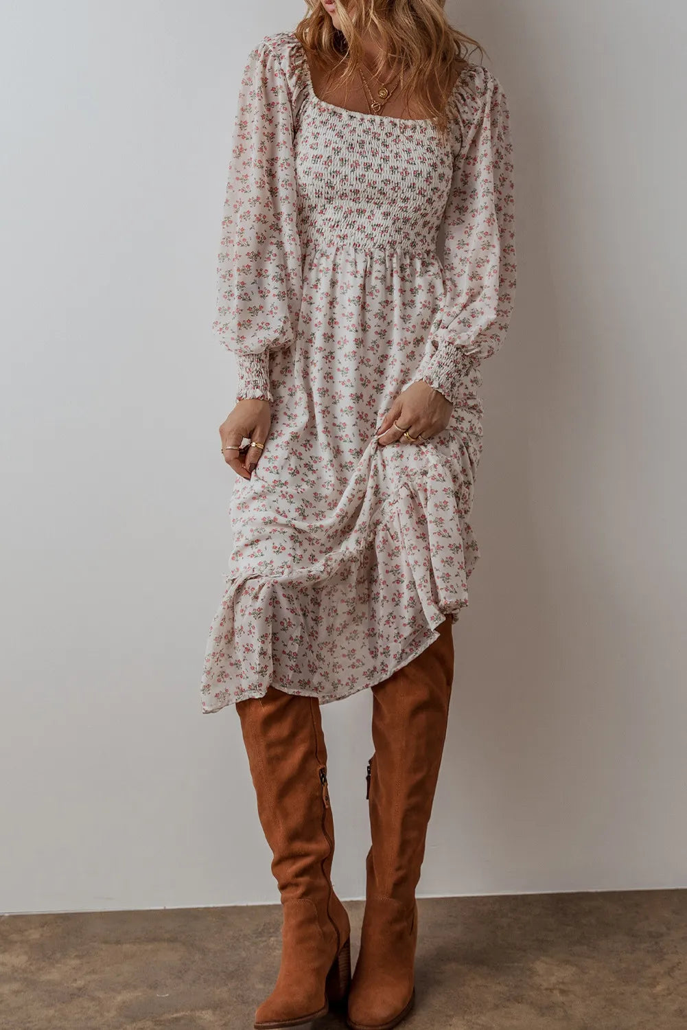 Smocked Floral Square Neck Long Sleeve Midi Dress - Classique Collection