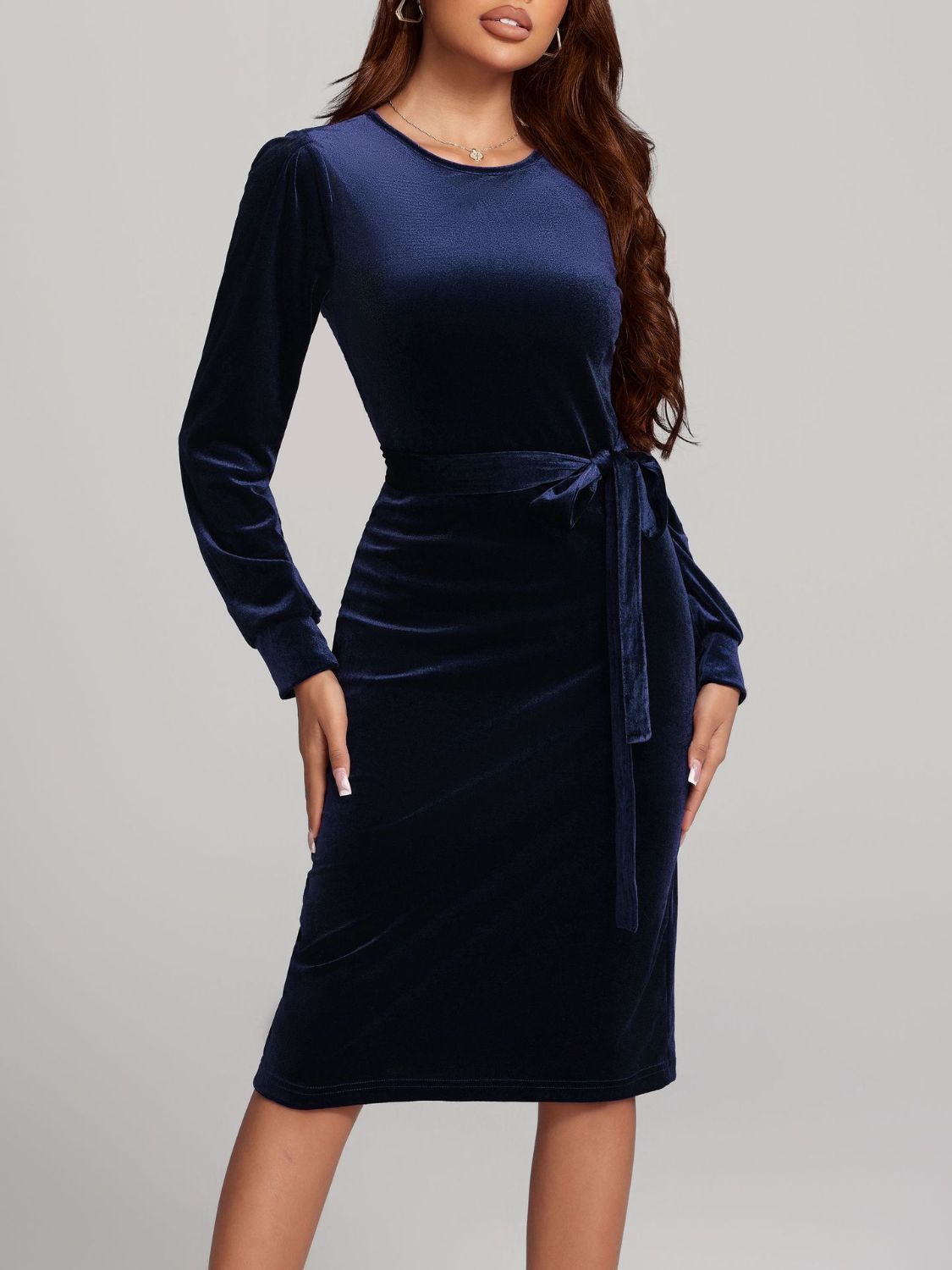 Round Neck Tie Waist Long Sleeve Velvet Dress - Classique Collection