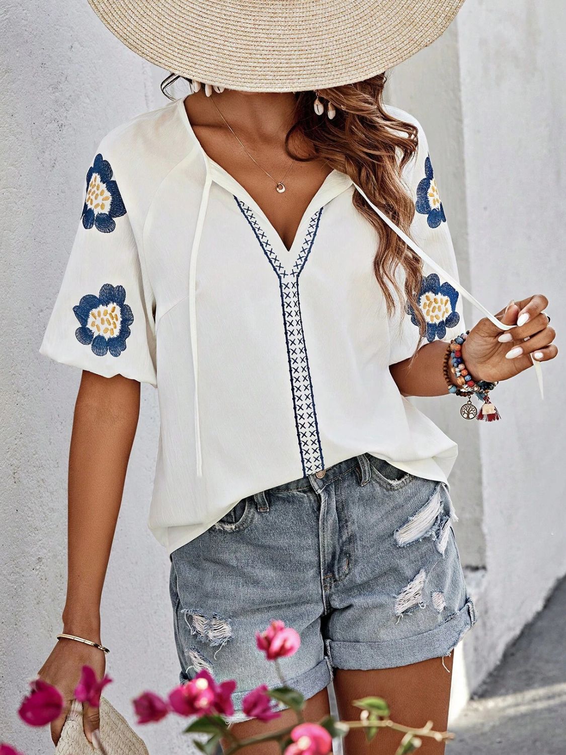 Embroidered Tie Neck Puff Sleeve Blouse - Classique Collection