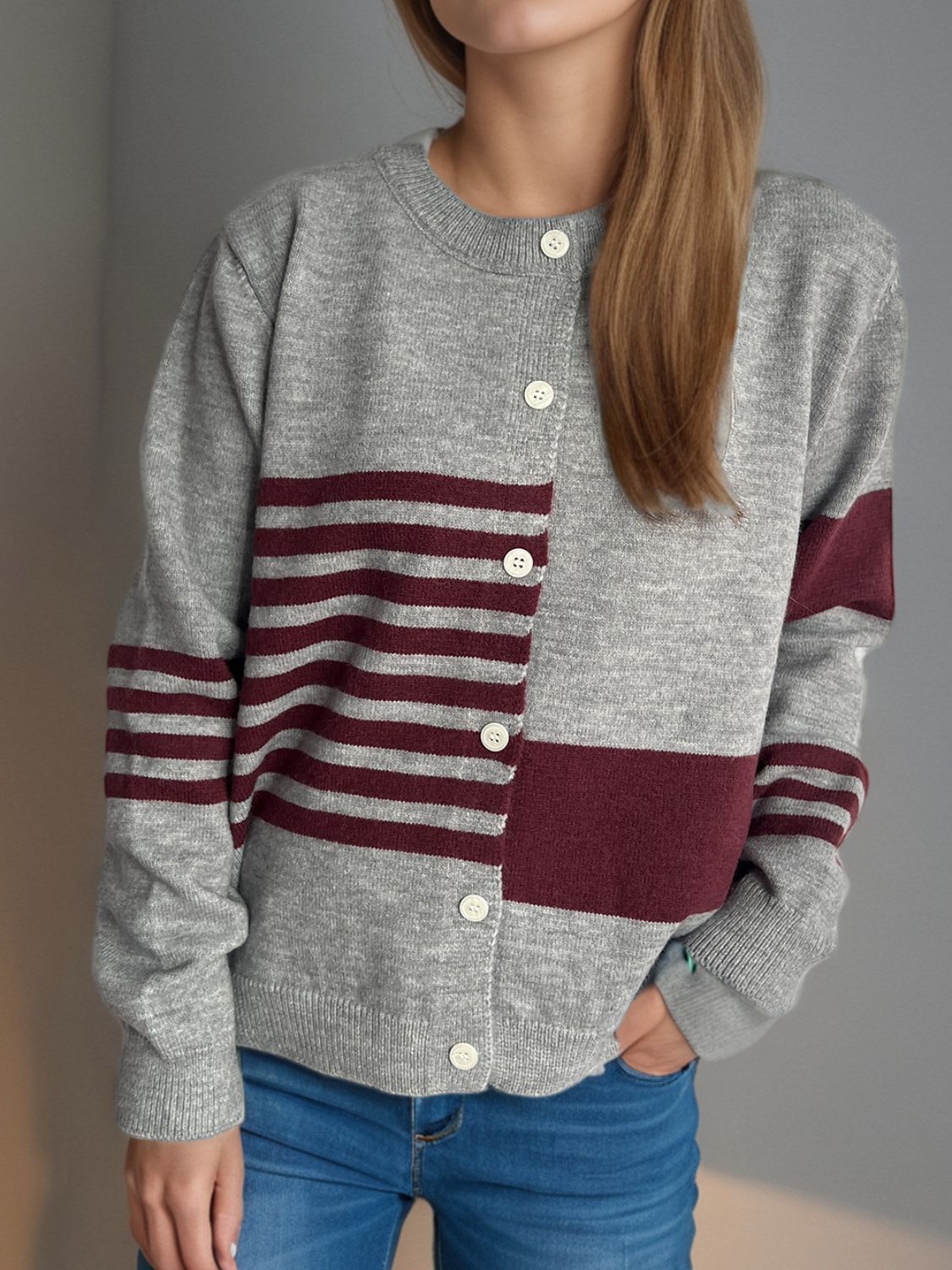 Striped Color Block Round Neck Cardigan - Classique Collection