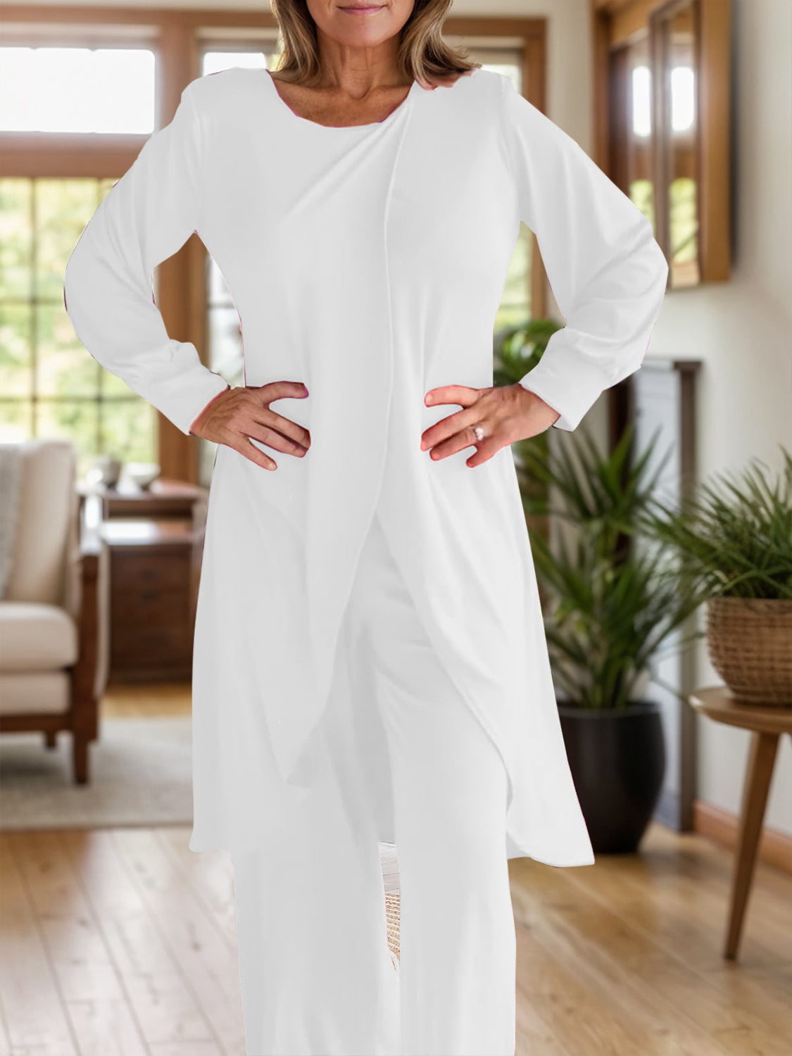 Full Size Slit Round Neck Long Sleeve Top and Pants Set - ClassiQ