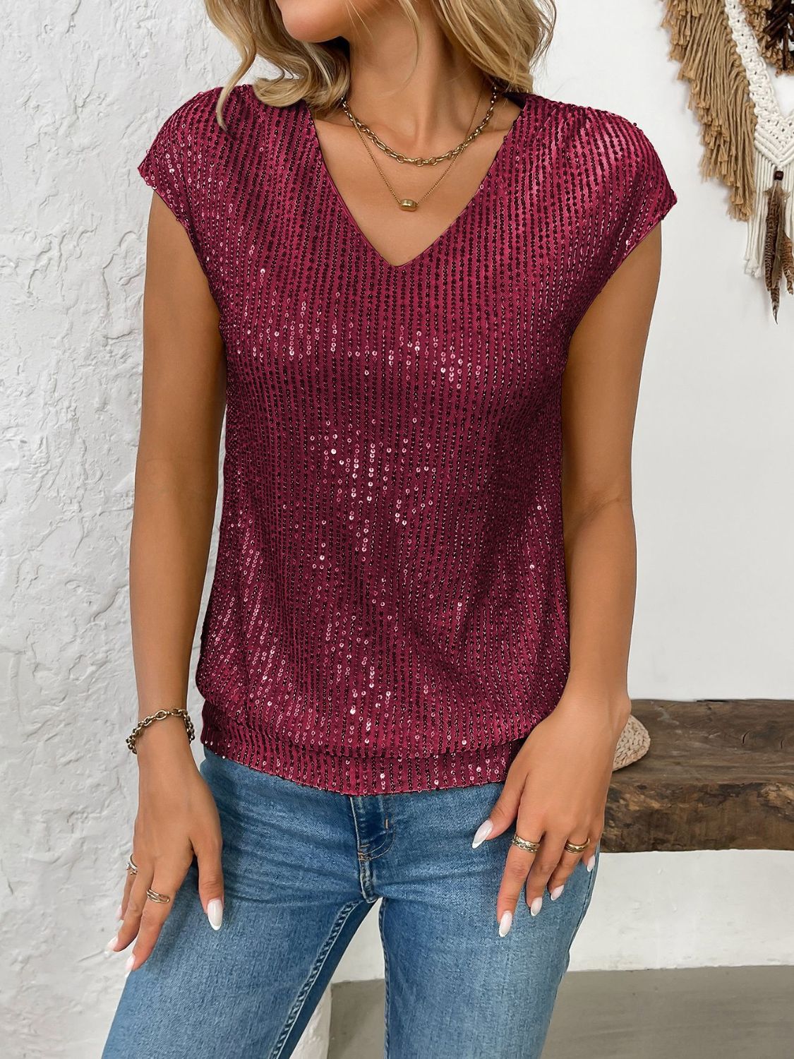 Sequin V-Neck Cap Sleeve Top - Classique Collection
