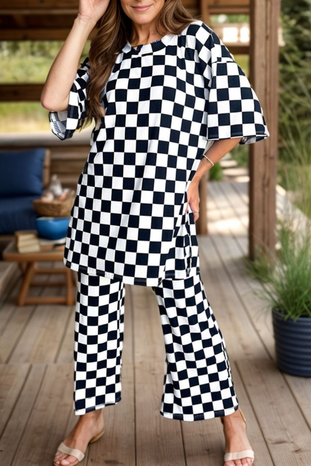 Checkered Round Neck Half Sleeve Top and Pants Set - ClassiQ