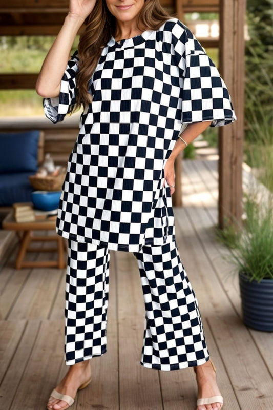 Checkered Round Neck Half Sleeve Top and Pants Set - ClassiQ