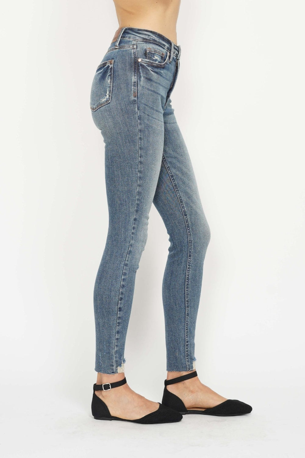 Judy Blue Full Size Tummy Control Vintage Wash Hem Destroy Skinny Jeans - Classique Collection