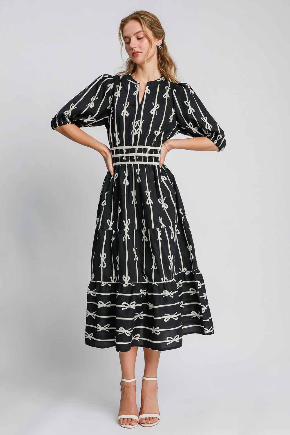 Umgee Bow Tie Print Notched Contrast Velvet Trim Midi Dress - Classique Collection
