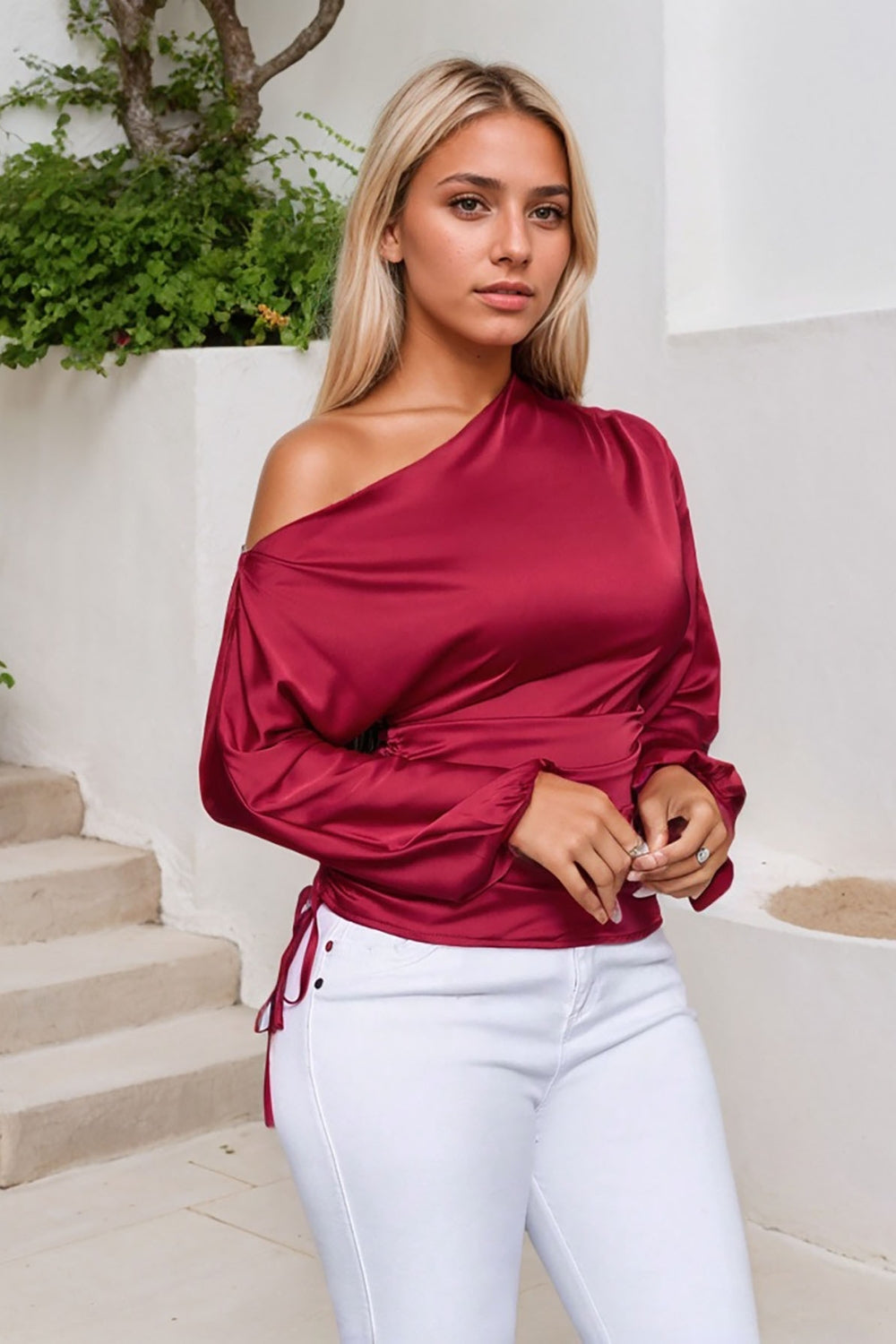 Drawstring One Shoulder Long Sleeve Blouse - Classique Collection