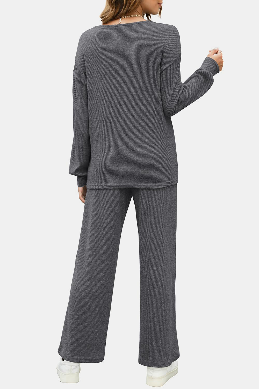 Round Neck Long Sleeve Top and Pants Set - ClassiQ