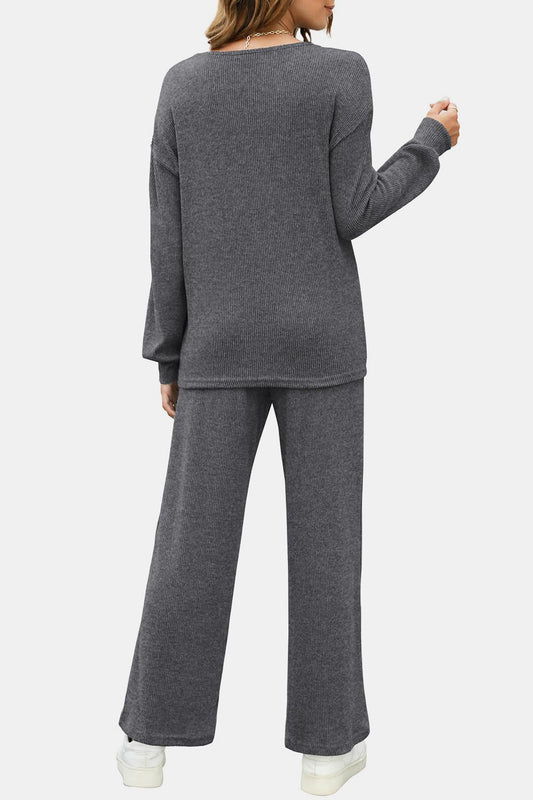 Round Neck Long Sleeve Top and Pants Set - ClassiQ