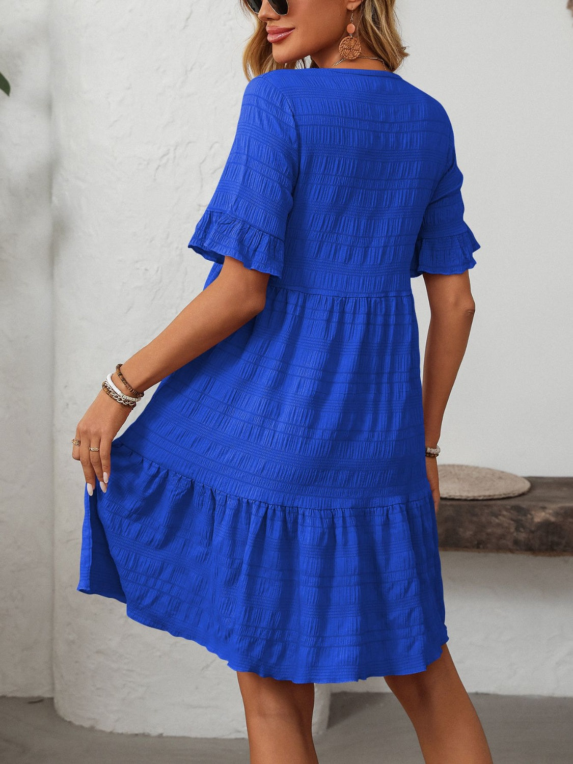 Mandy Ruffled Ruched Round Neck Half Sleeve Dress - Classique Collection