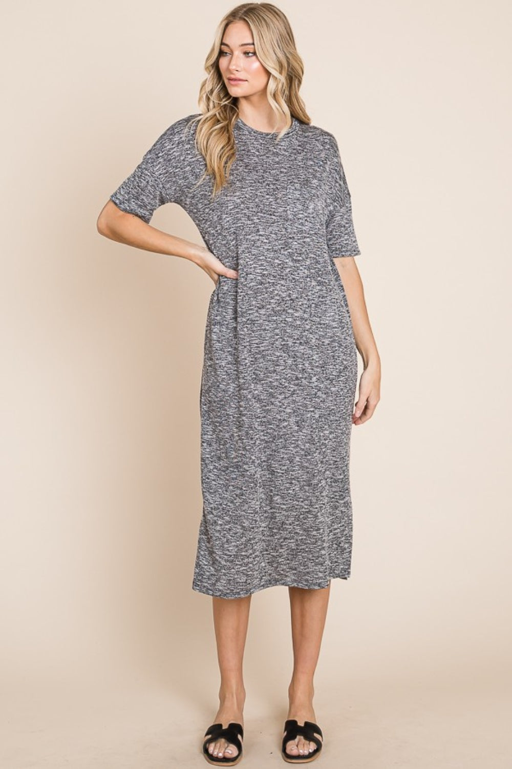 BOMBOM Slit Round Neck Half Sleeve Midi Dress - Classique Collection