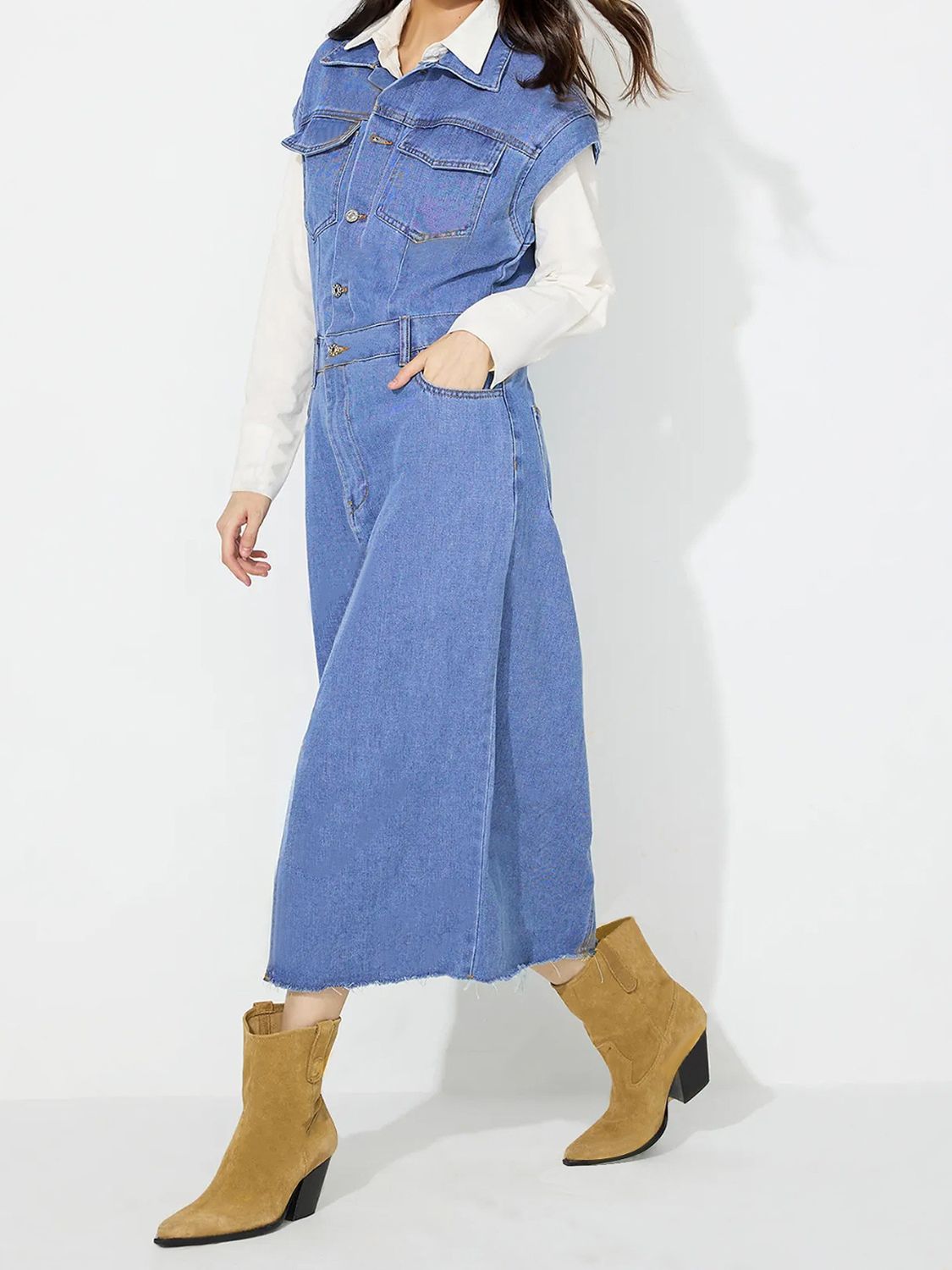 Slit Half Button Collared Neck Cap Sleeve Denim Dress - Classique Collection