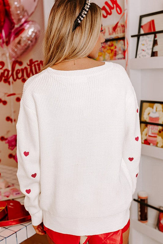 Red Heart Shape Drop Shoulder Round Neck Sweater - Classique Collection