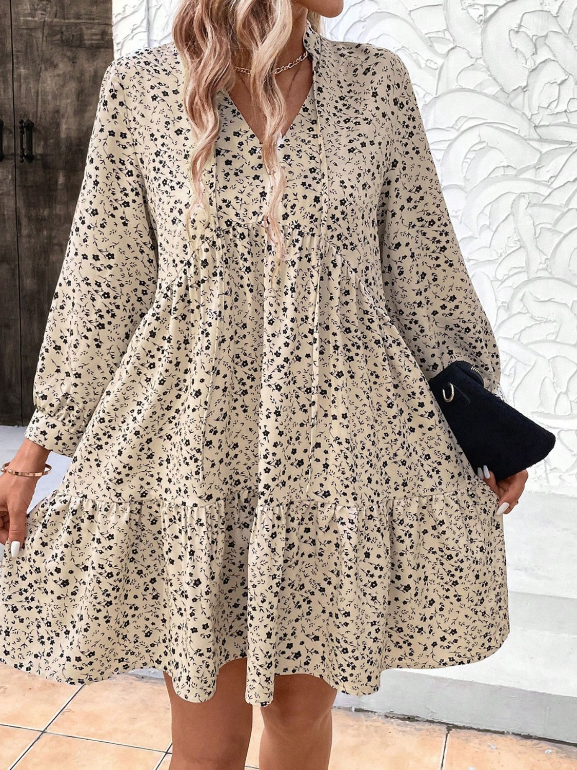Tied Printed Long Sleeve Mini Dress - Classique Collection