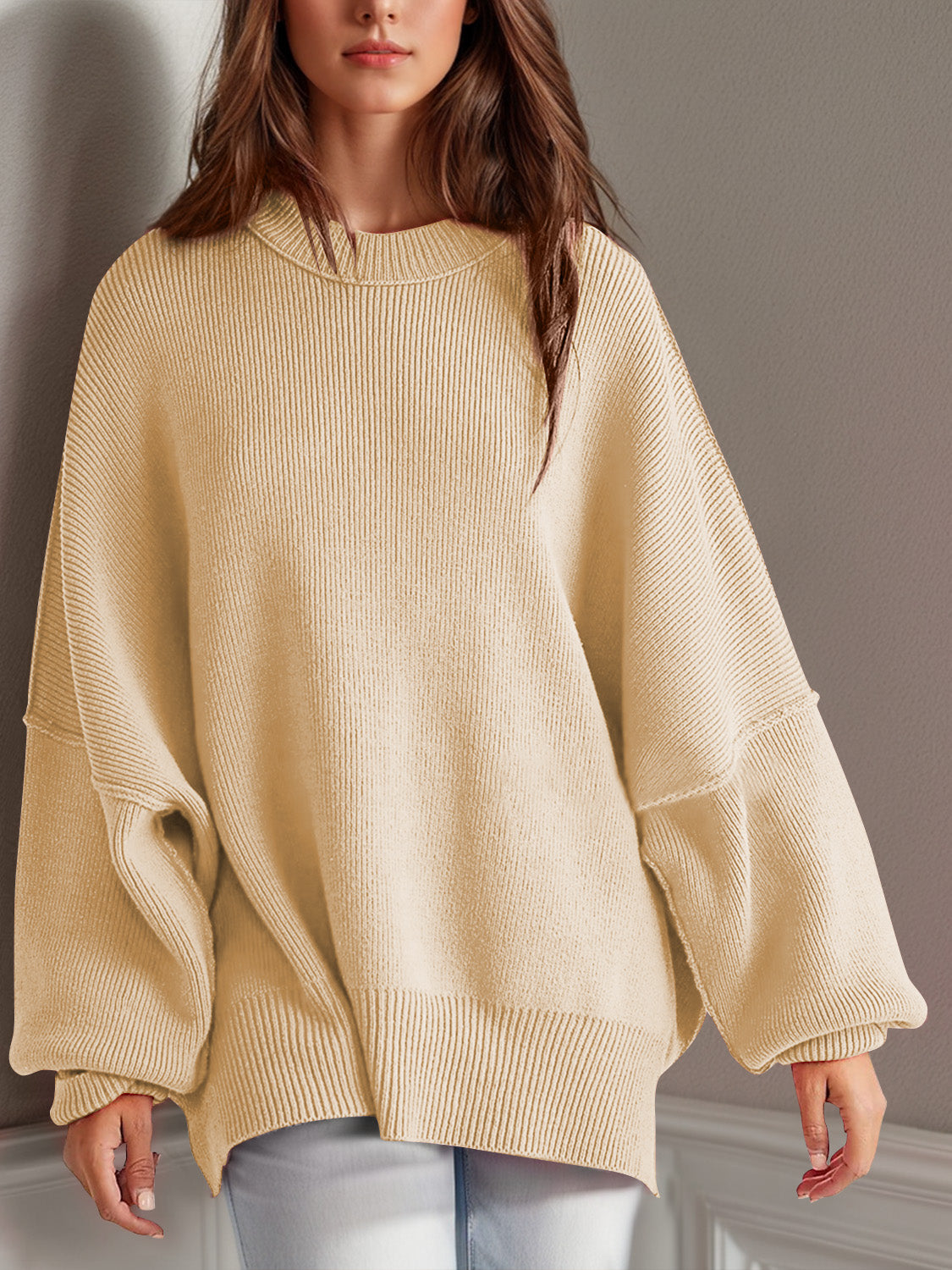 Double Take Side Slit Round Neck Long Sleeve Sweater - ClassiQ