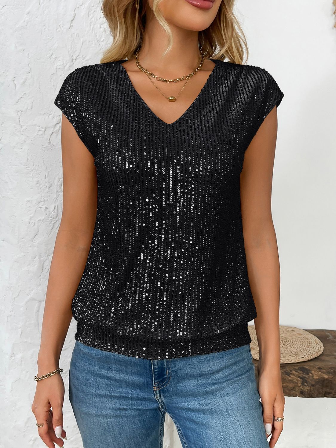 Sequin V-Neck Cap Sleeve Top - Classique Collection