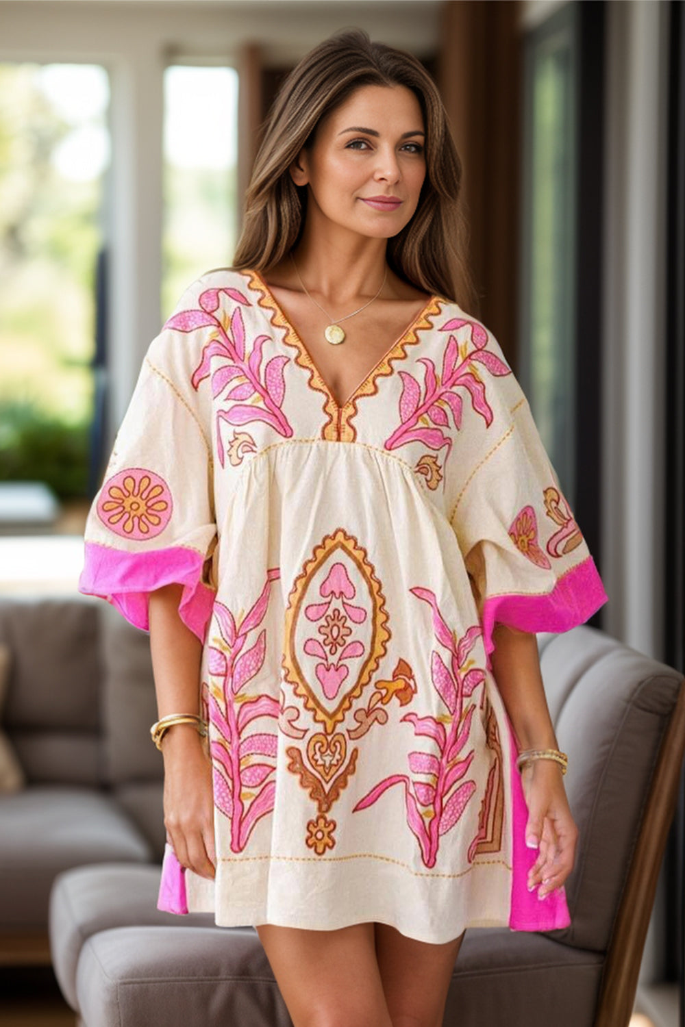 Printed V-Neck Three-Quarter Sleeve Mini Dress - Classique Collection