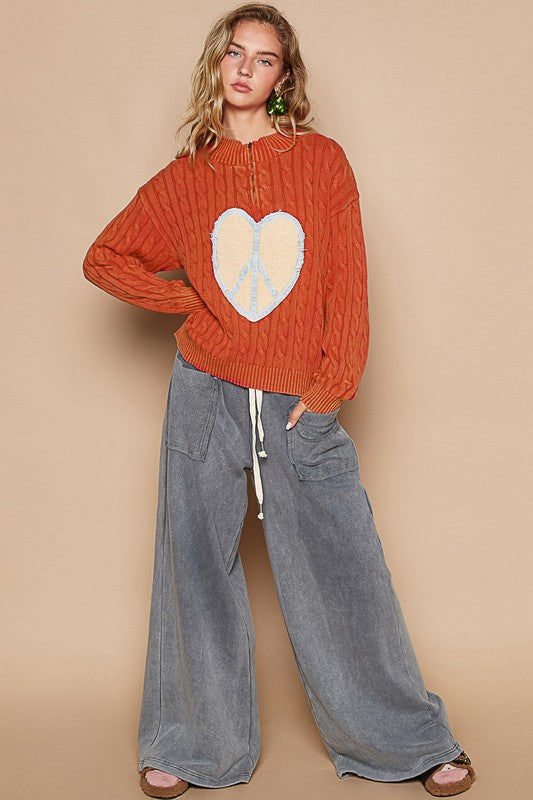 POL Cable-Knit Peace Patch Dropped Shoulder Sweater - Classique Collection