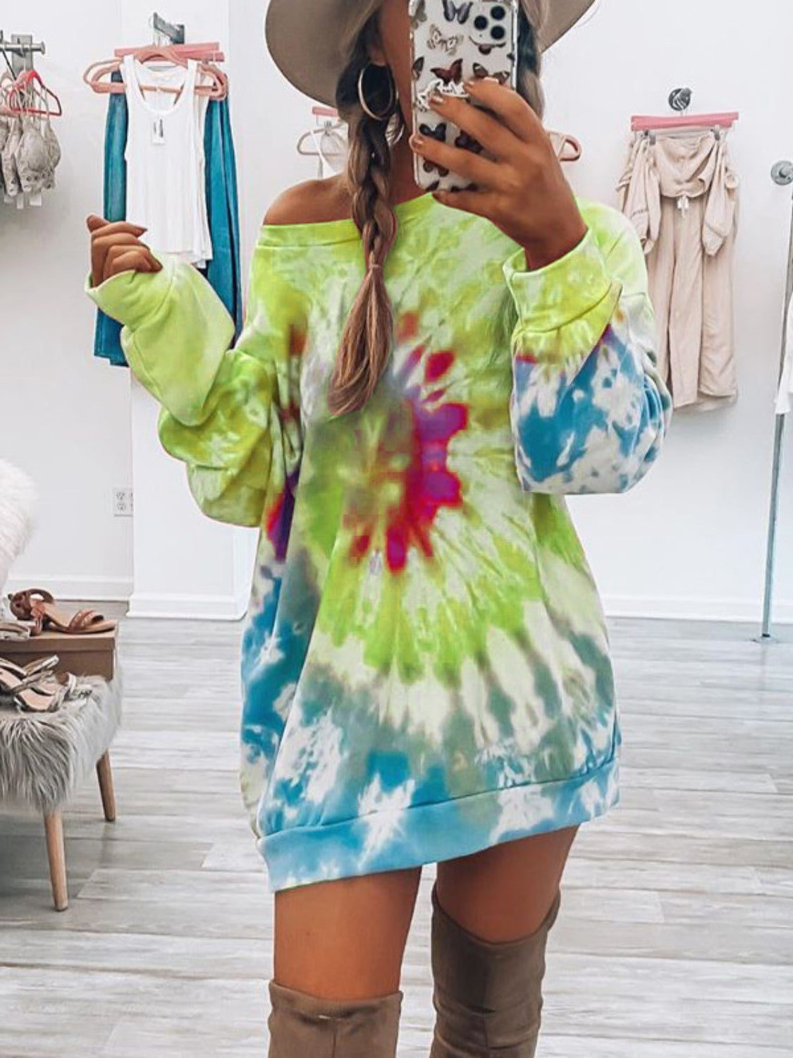 Full Size Tie-Dye Round Neck Long Sleeve Dress - Classique Collection