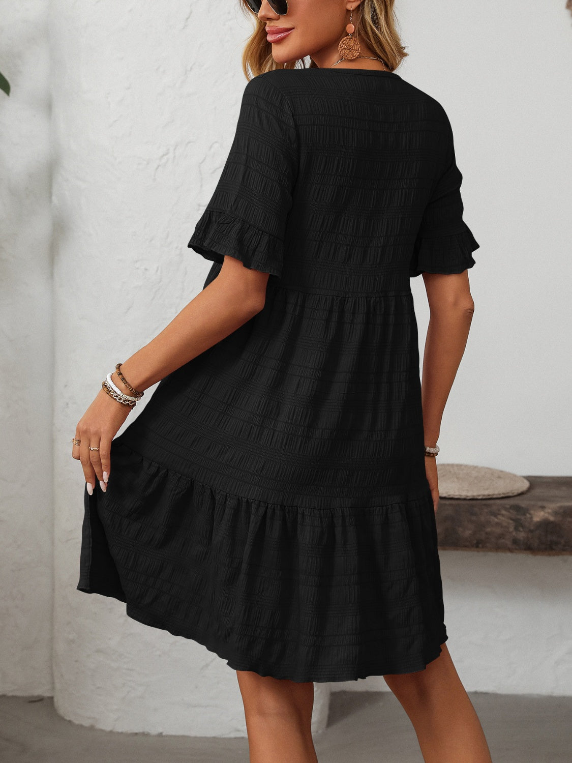 Mandy Ruffled Ruched Round Neck Half Sleeve Dress - Classique Collection