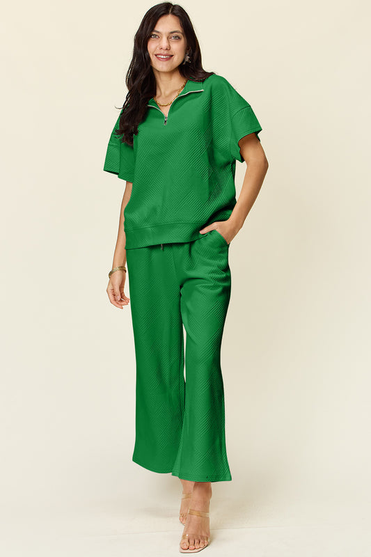 Double Take Full Size Texture Half Zip Short Sleeve Top and Pants Set - ClassiQ
