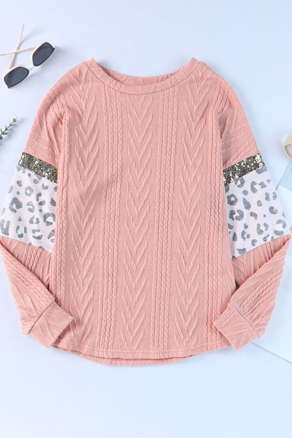 Sequin Leopard Round Neck Long Sleeve Sweater - Classique Collection