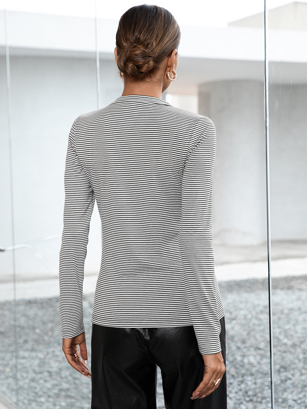 Ivy Lane Striped Buttoned V-Neck Long Sleeve Top - ClassiQ