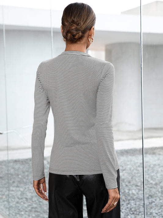 Ivy Lane Striped Buttoned V-Neck Long Sleeve Top - ClassiQ