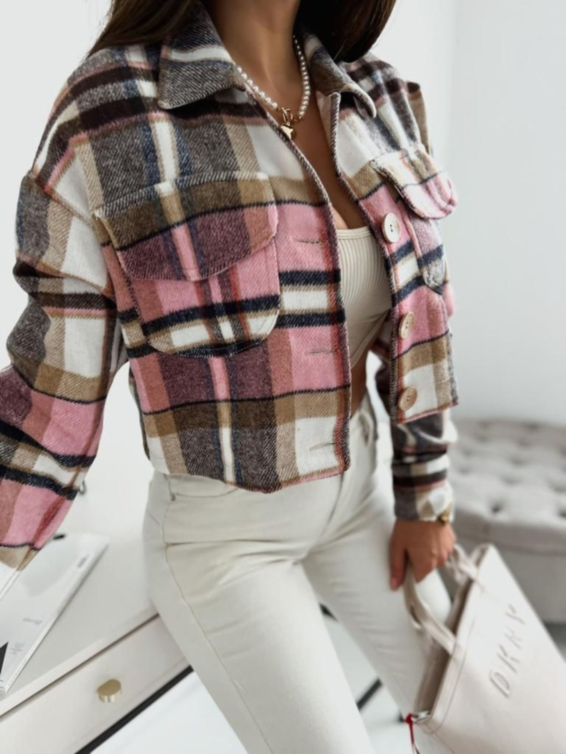 Pocketed Collared Neck Long Sleeve Plaid Jacket - Classique Collection