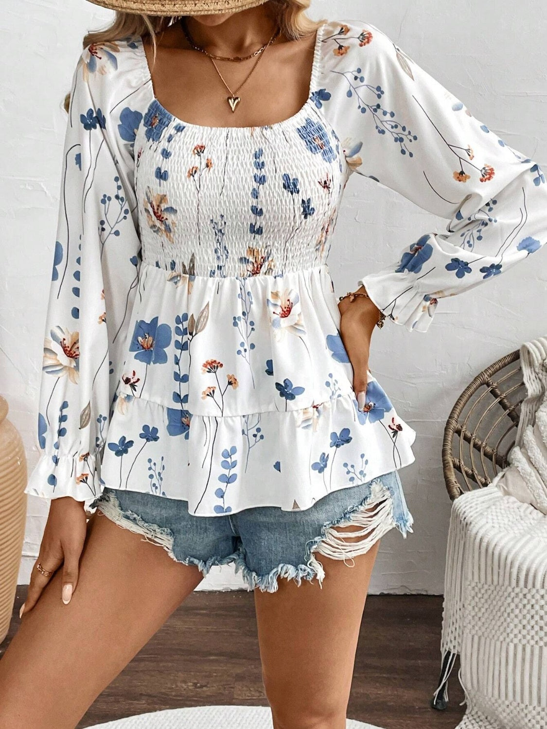 Smocked Floral Scoop Neck Flounce Sleeve Blouse - Classique Collection
