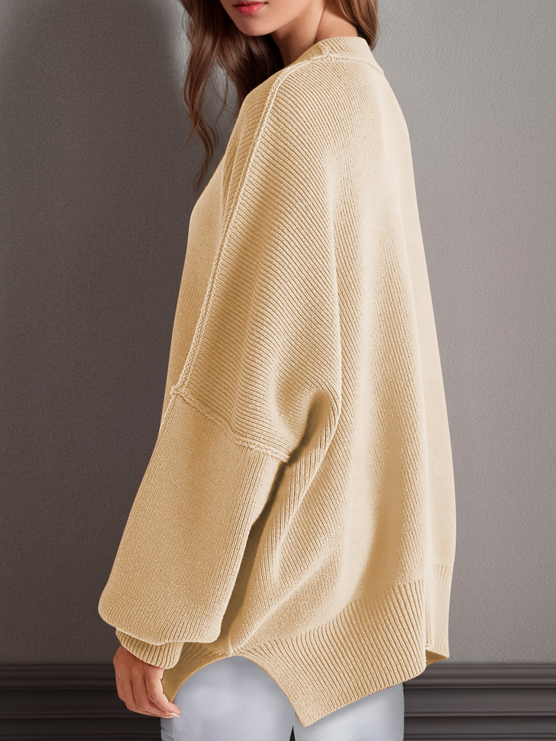 Double Take Side Slit Round Neck Long Sleeve Sweater - ClassiQ
