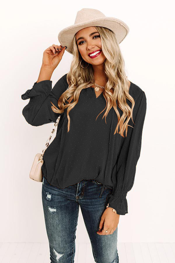 Swiss Dot Tie Neck Flounce Sleeve Blouse - ClassiQ