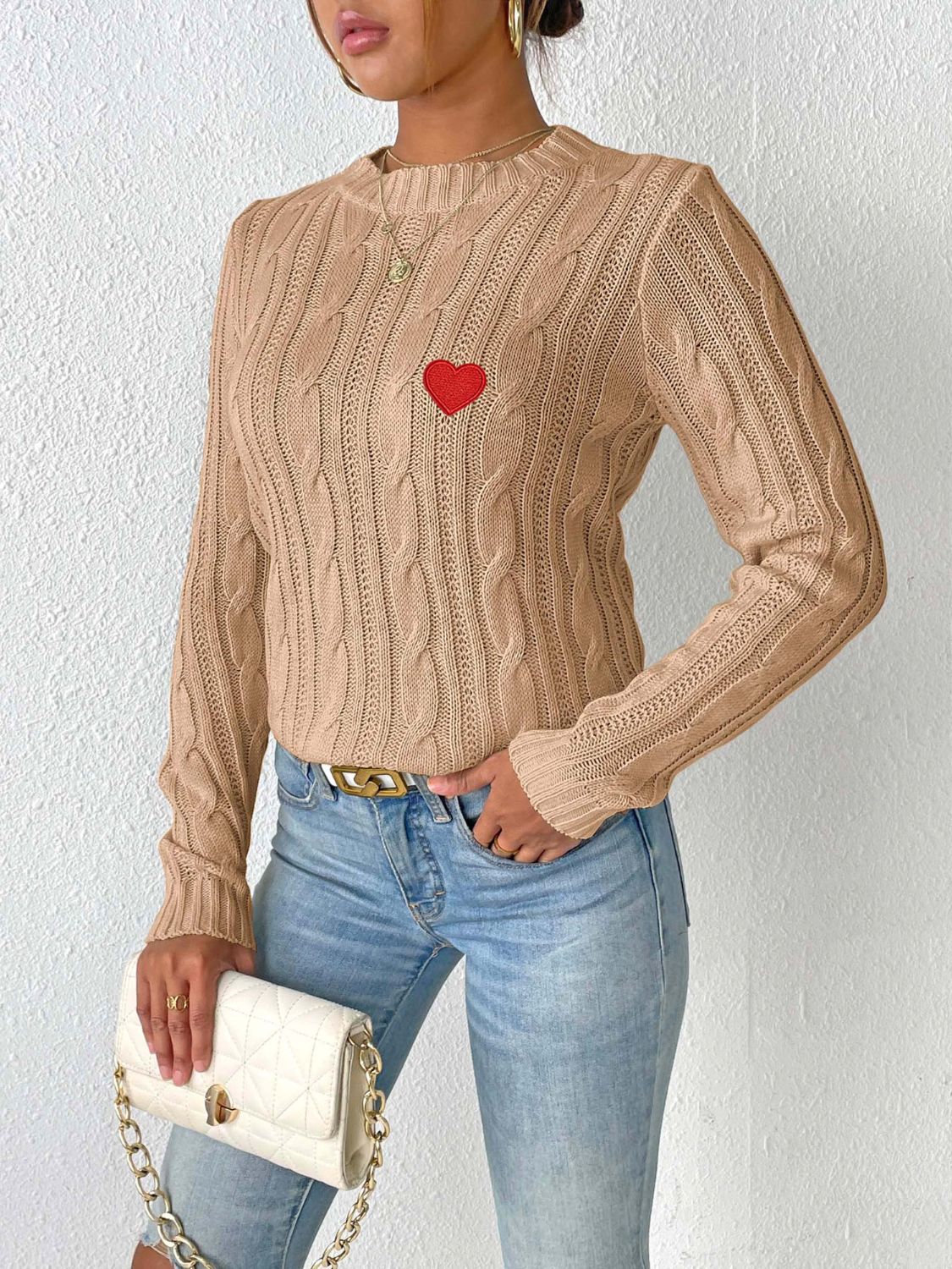 Cable-Knit Heart Round Neck Long Sleeve Sweater - ClassiQ