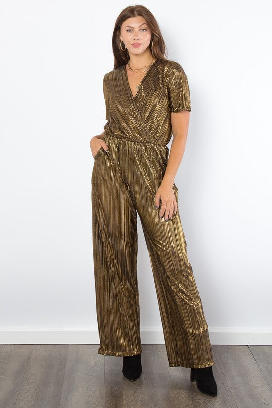 Be Stage Surplice Short Sleeve Pleated Foil Jumpsuit - ClassiQ