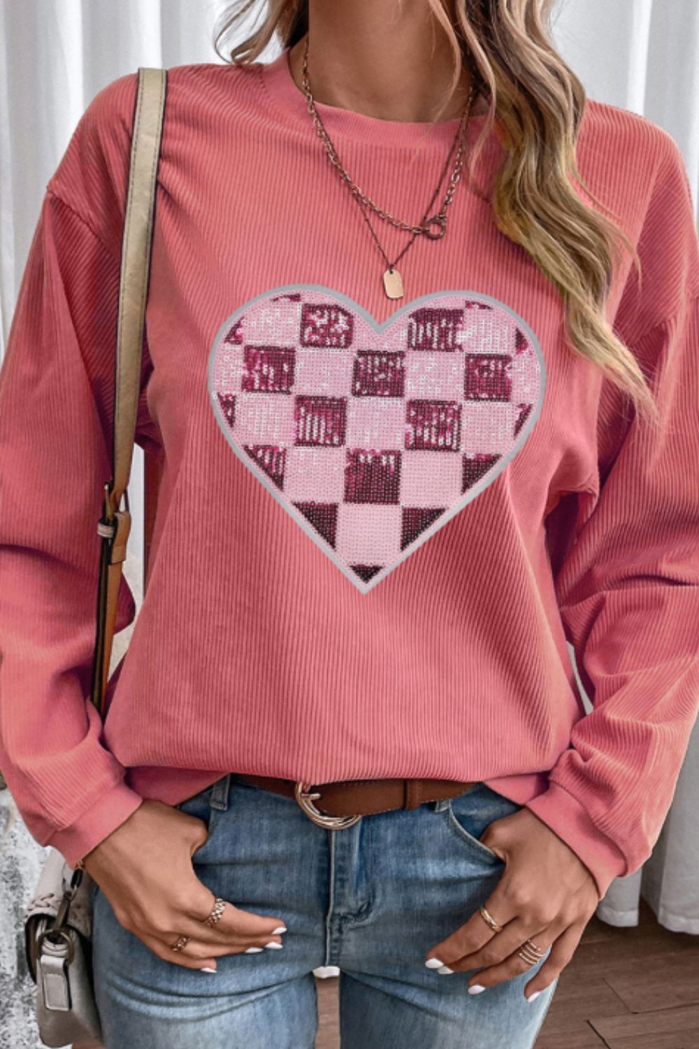 Valentine’s Day Sequin Checkered Heart Long Sleeve Sweatshirt - Classique Collection