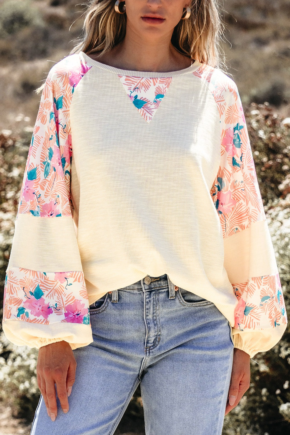 Printed Round Neck Balloon Sleeve Sweatshirt - Classique Collection