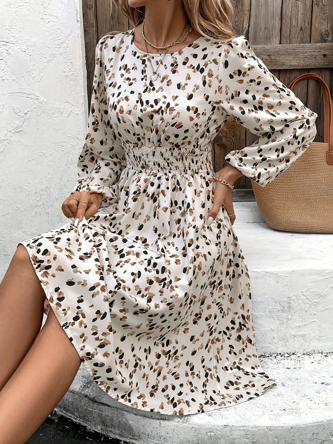 Printed Round Neck Long Sleeve Dress - Classique Collection