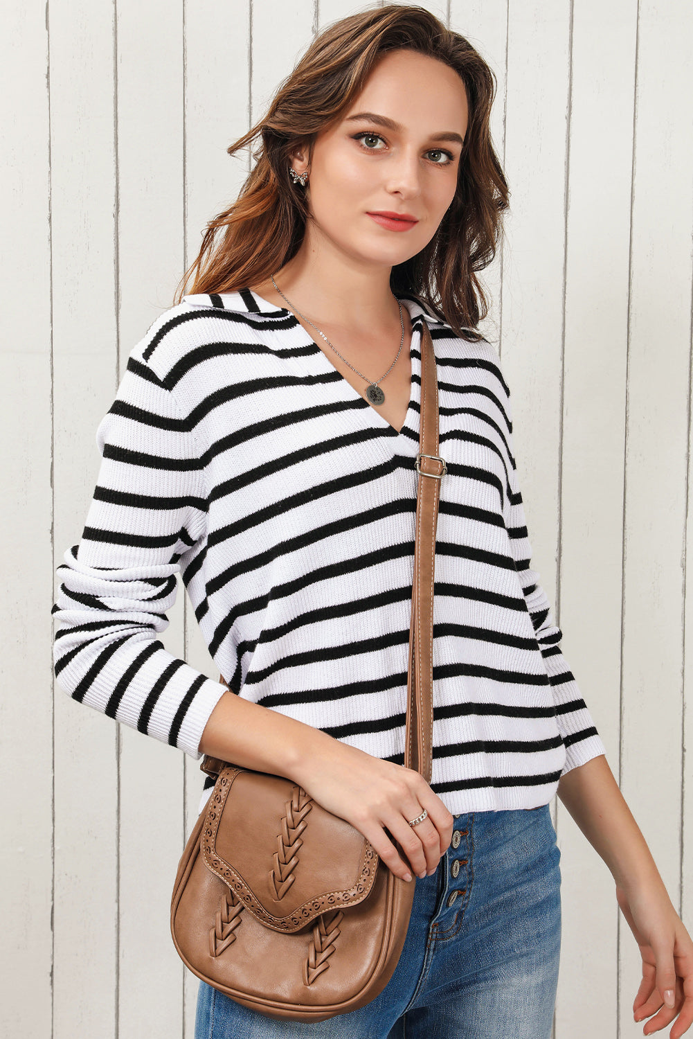 Double Take Striped Johnny Collar Long Sleeve Knit Top - Classique Collection