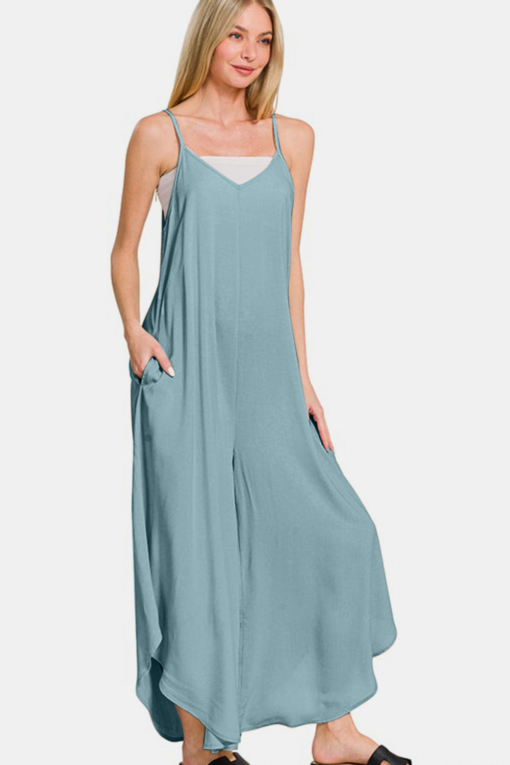 Zenana Spaghetti Strap Wide Leg Overalls with Pockets - Classique Collection