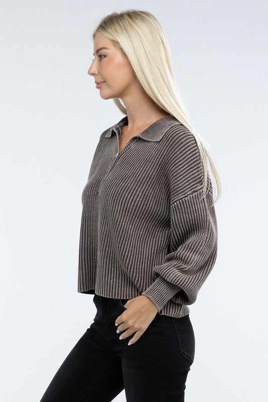 Washed Collared Henley Sweater - Classique Collection