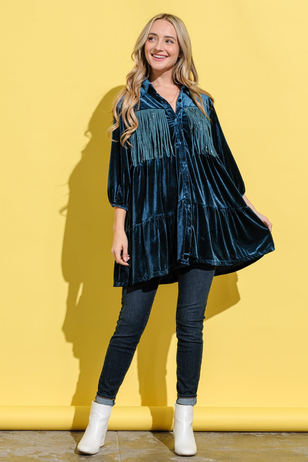 And The Why Fringe Detailed Velvet Shirt Dress - Classique Collection
