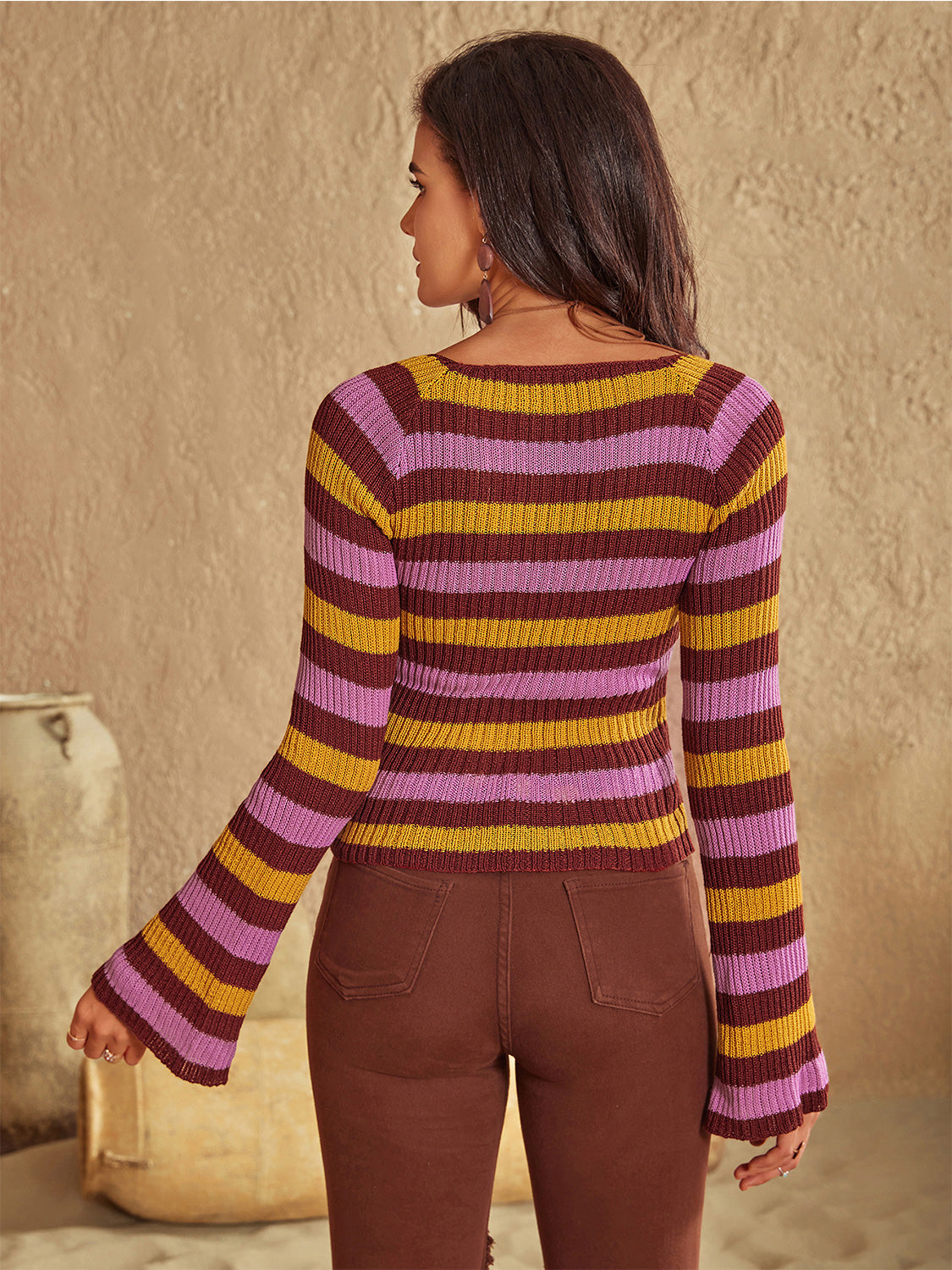 Striped Boat Neck Flare Sleeve Knit Top - Classique Collection