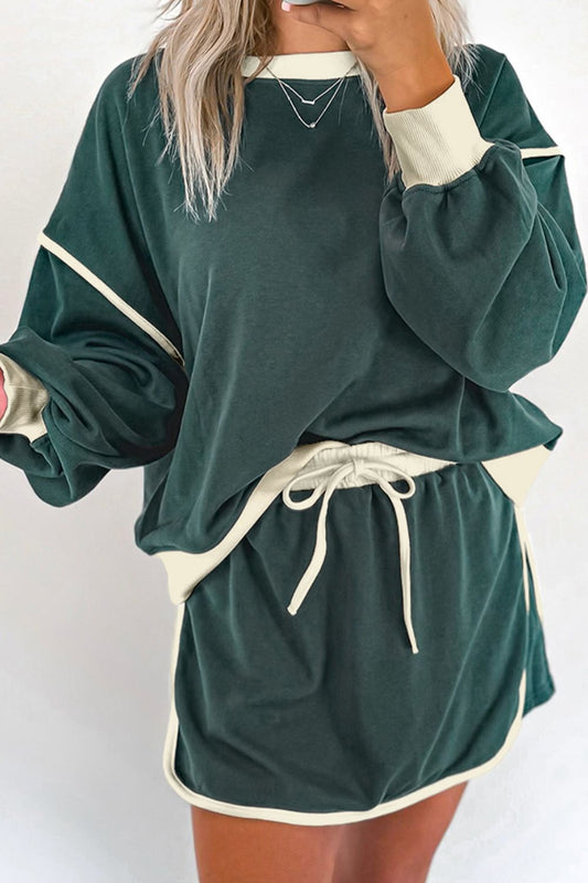 Contrast Trim Round Neck Top and Skort Set - ClassiQ