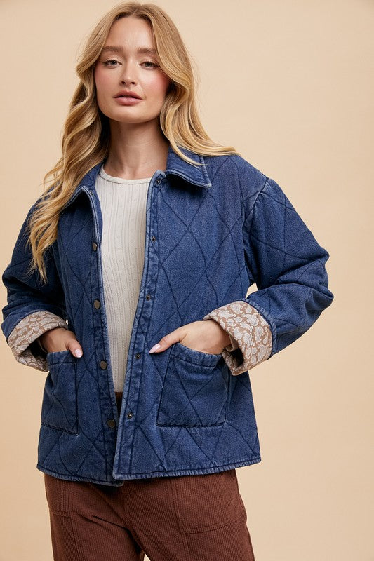 Annie Wear Quilted Printed Lining Snap Down Denim Jacket - ClassiQ