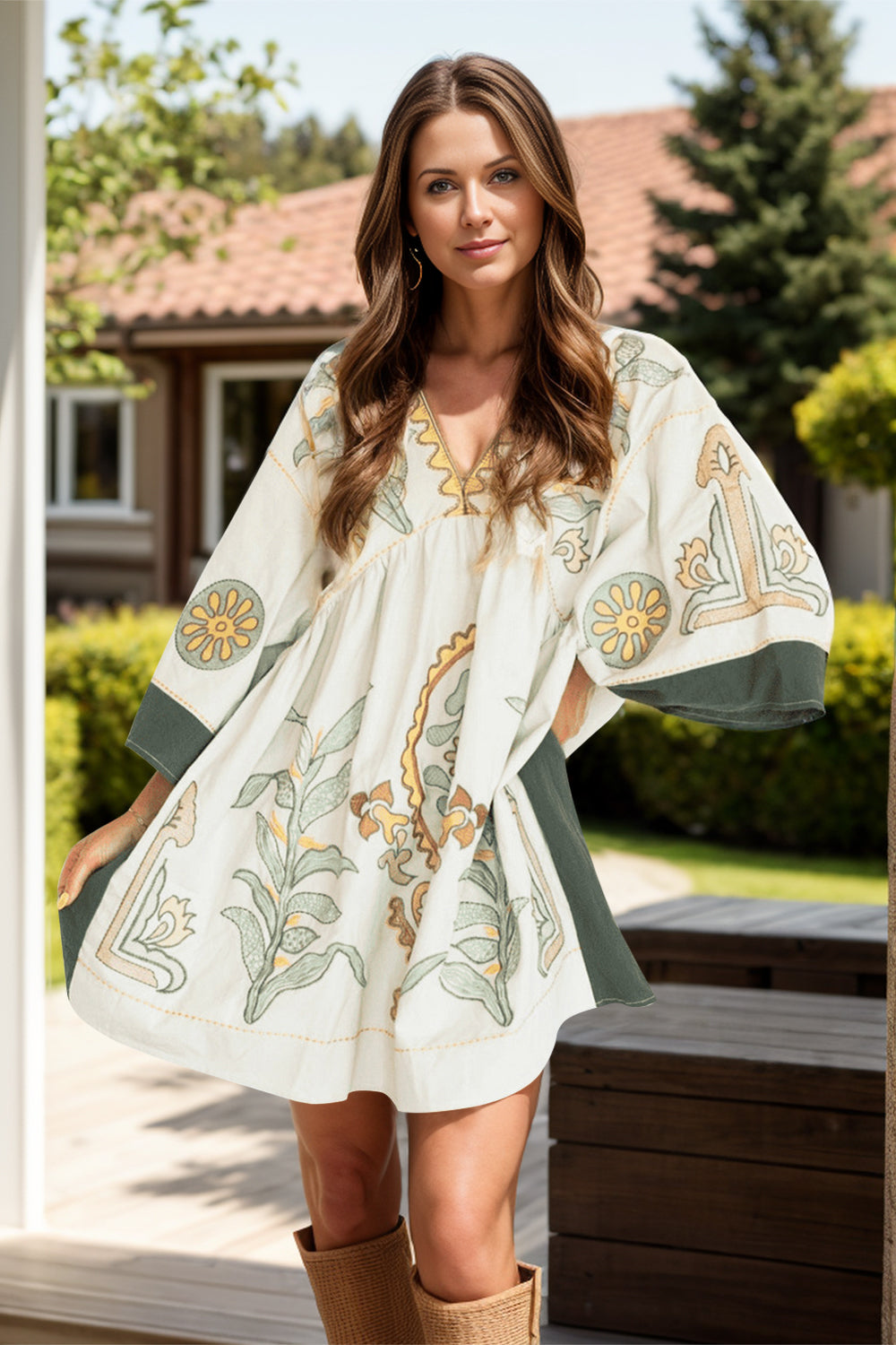 Printed V-Neck Three-Quarter Sleeve Mini Dress - Classique Collection