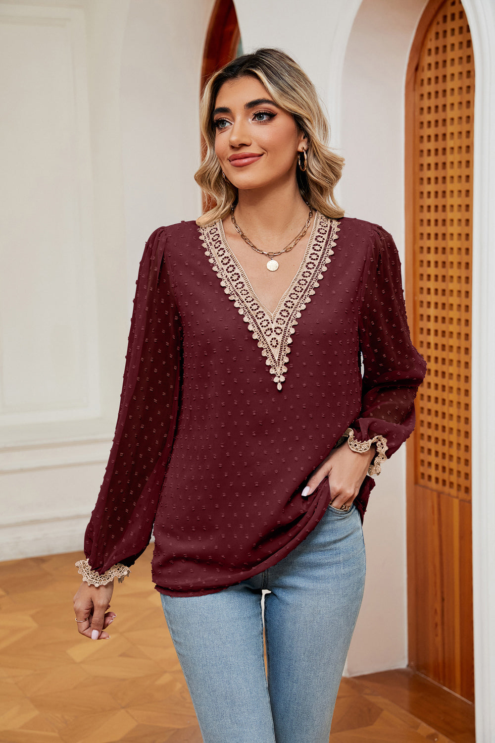 Swiss Dot Contrast V-Neck Blouse - ClassiQ