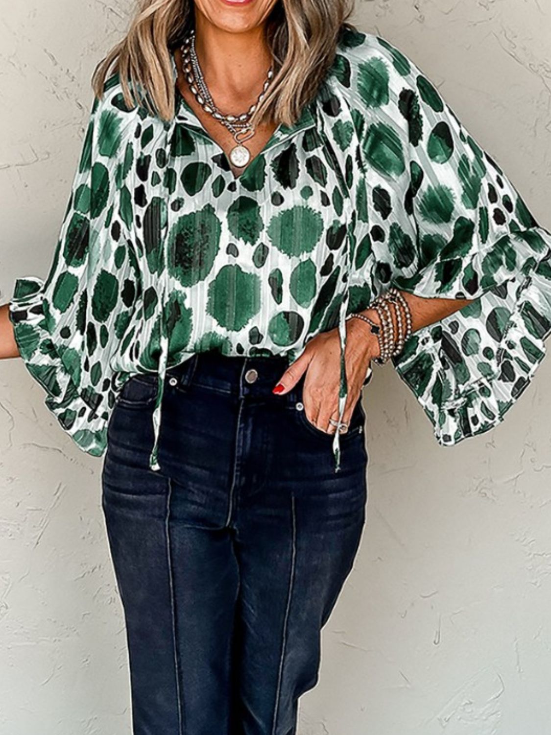 Printed Tie Neck Three-Quarter Sleeve Blouse - ClassiQ