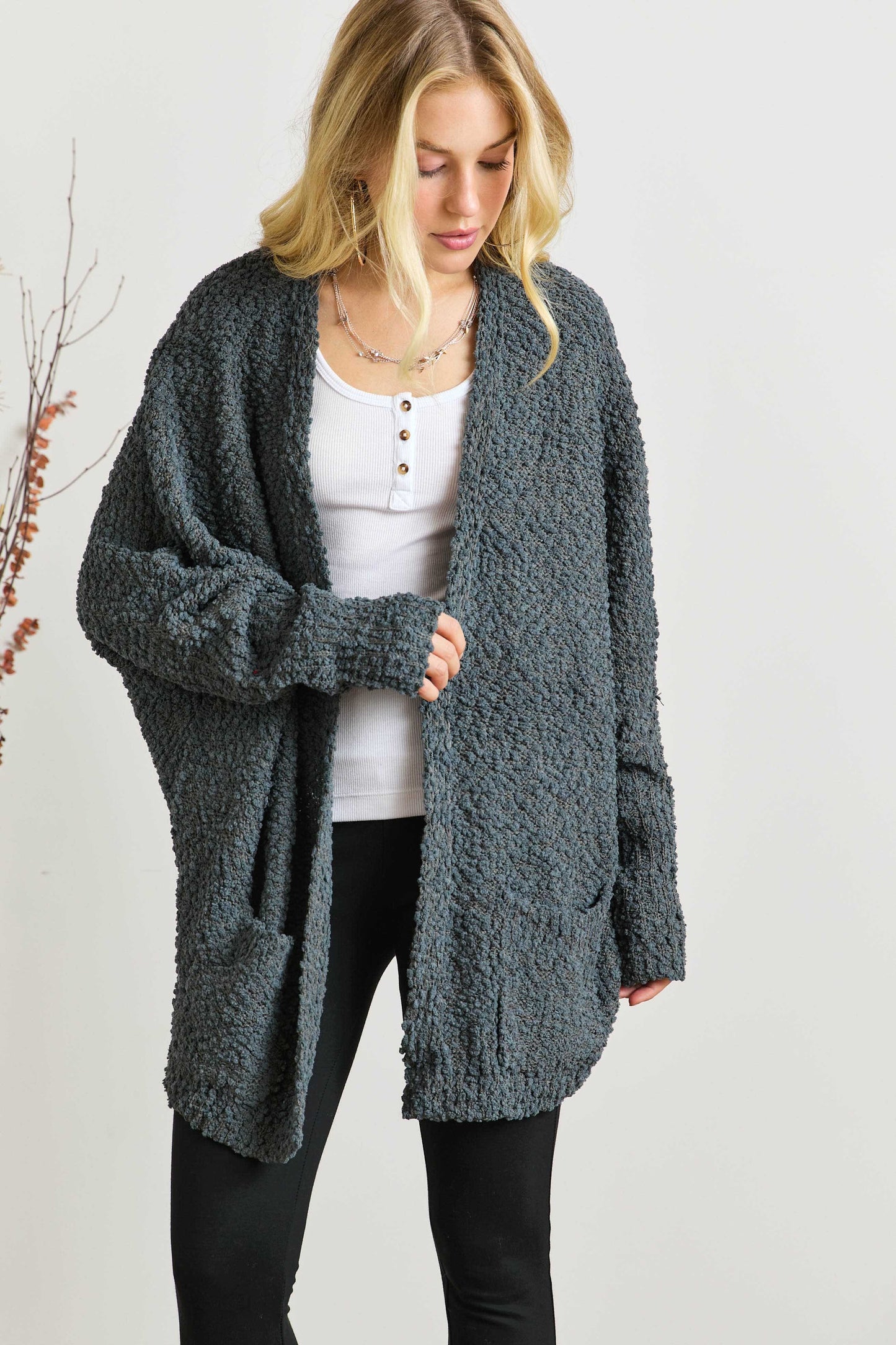ADORA Popcorn Knit Open Front Long Sleeve Cardigan - ClassiQ