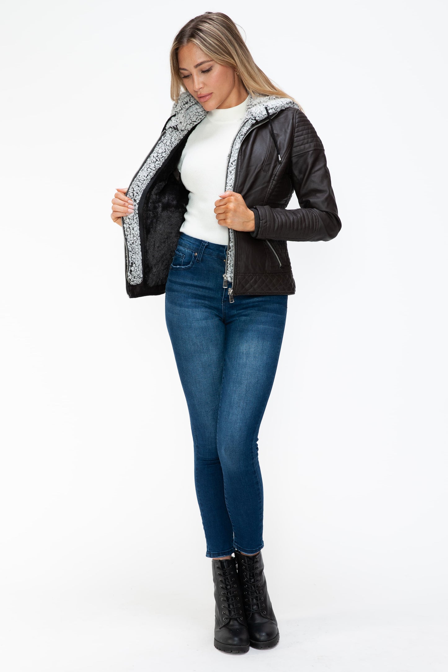 YMI Faux Layered Double-Zipper Jacket with Fuzzy Hood - ClassiQ