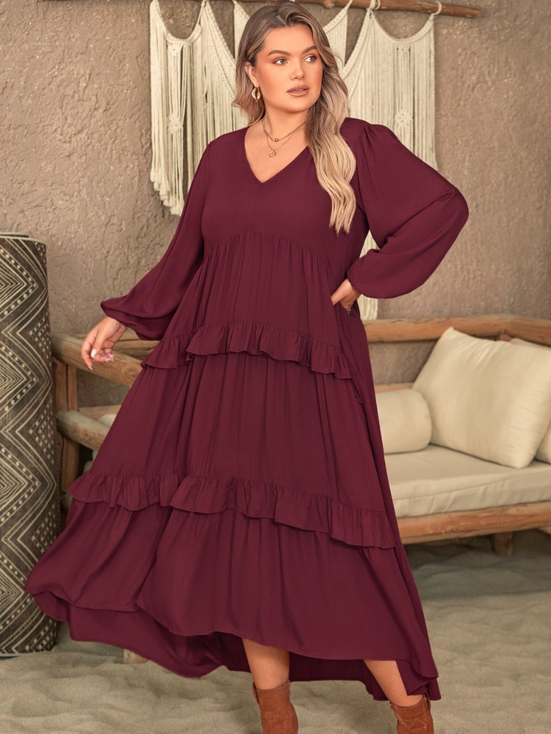 Plus Size Ruffled V-Neck Long Sleeve Dress - Classique Collection